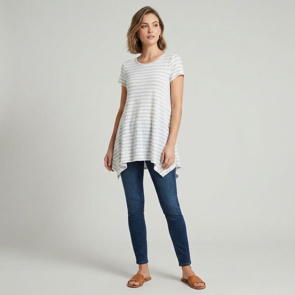 Greige Tops - Greige Womens Medium M Striped Handkerchief Hem Tunic Swing Top Grey White